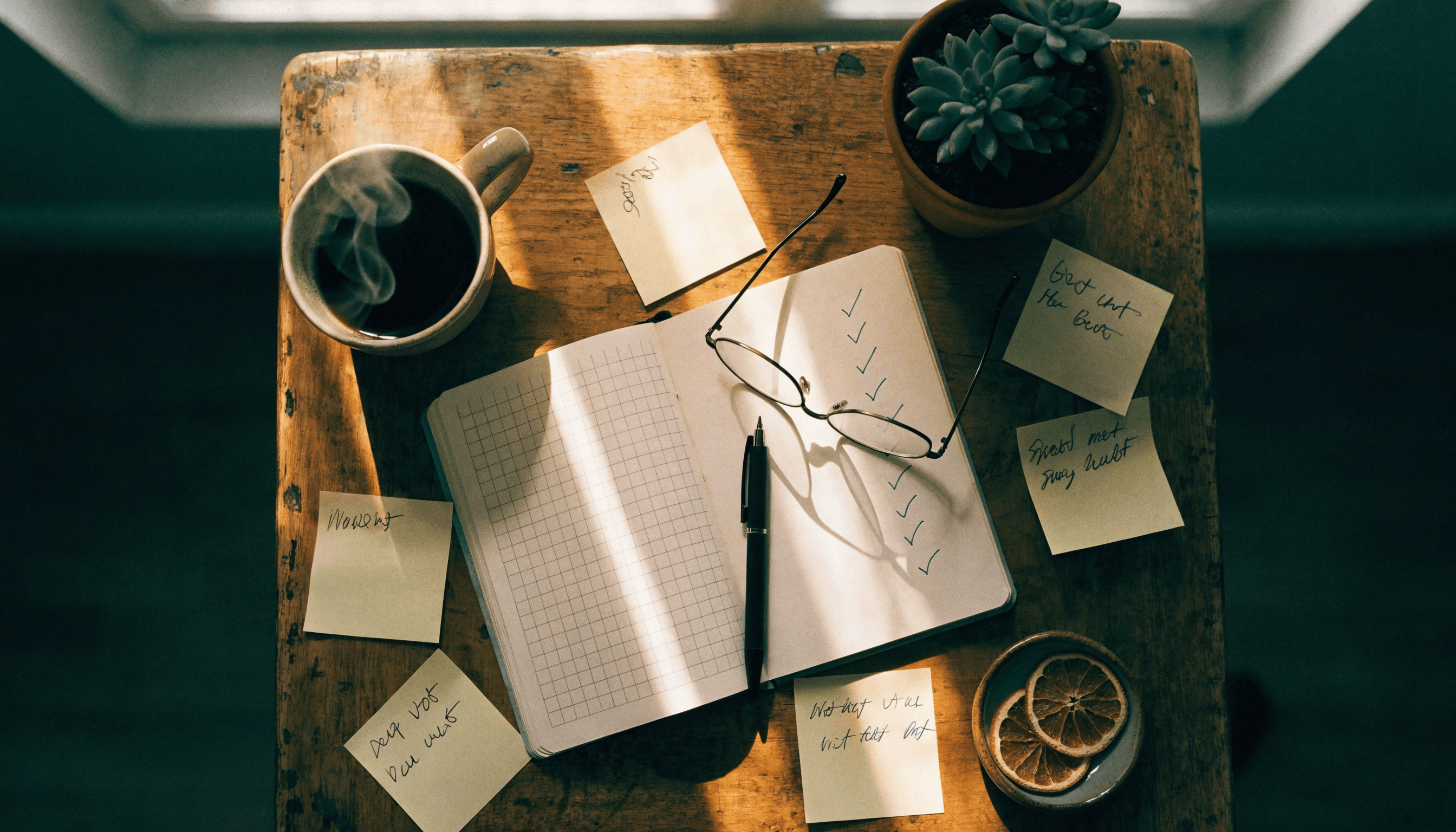 A flat-lay of a habit journal, coffee, and a small plant on a wooden table
